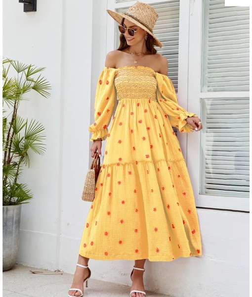 Women Floral Embroidered Maxi Dress Long Puff Sleeve Square Neck Bohemian Flowy Dress with Pockets Summer Fall