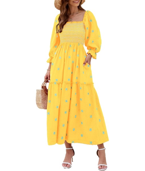 Women Floral Embroidered Maxi Dress Long Puff Sleeve Square Neck Bohemian Flowy Dress with Pockets Summer Fall