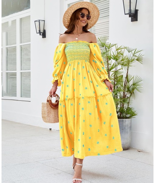 Women Floral Embroidered Maxi Dress Long Puff Sleeve Square Neck Bohemian Flowy Dress with Pockets Summer Fall