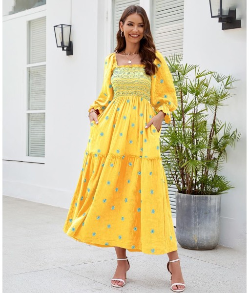 Women Floral Embroidered Maxi Dress Long Puff Sleeve Square Neck Bohemian Flowy Dress with Pockets Summer Fall