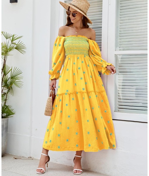 Women Floral Embroidered Maxi Dress Long Puff Sleeve Square Neck Bohemian Flowy Dress with Pockets Summer Fall