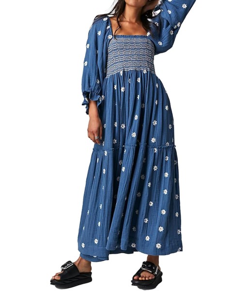 Women Floral Embroidered Maxi Dress Long Puff Sleeve Square Neck Bohemian Flowy Dress with Pockets Summer Fall