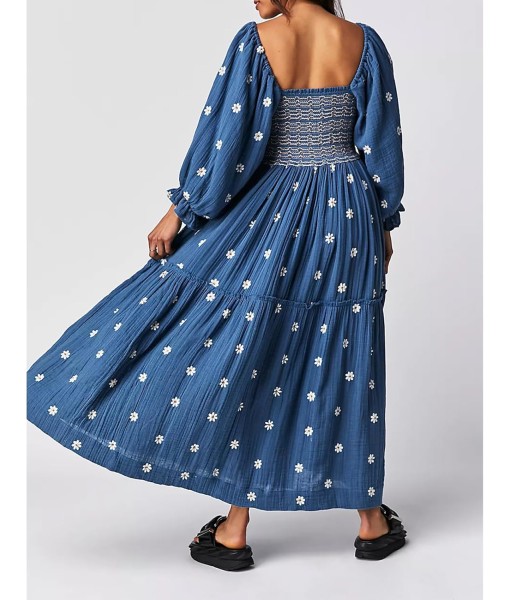Women Floral Embroidered Maxi Dress Long Puff Sleeve Square Neck Bohemian Flowy Dress with Pockets Summer Fall