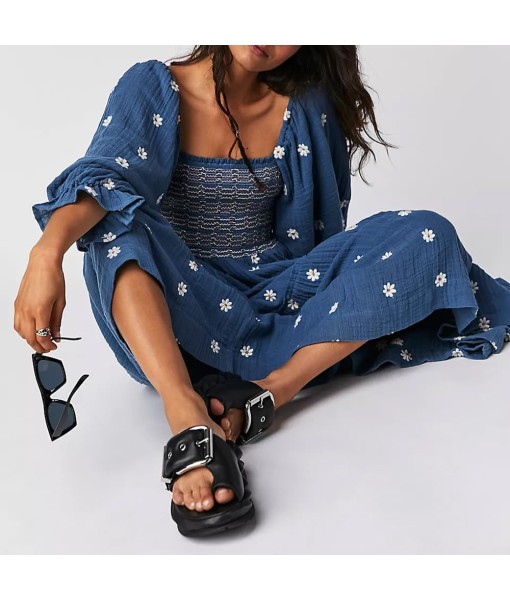 Women Floral Embroidered Maxi Dress Long Puff Sleeve Square Neck Bohemian Flowy Dress with Pockets Summer Fall