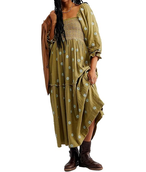 Women Floral Embroidered Maxi Dress Long Puff Sleeve Square Neck Bohemian Flowy Dress with Pockets Summer Fall