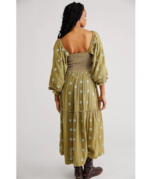 Women Floral Embroidered Maxi Dress Long Puff Sleeve Square Neck Bohemian Flowy Dress with Pockets Summer Fall