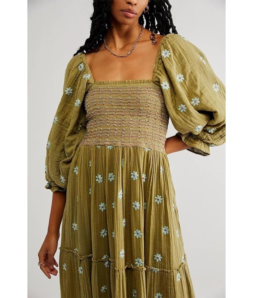 Women Floral Embroidered Maxi Dress Long Puff Sleeve Square Neck Bohemian Flowy Dress with Pockets Summer Fall