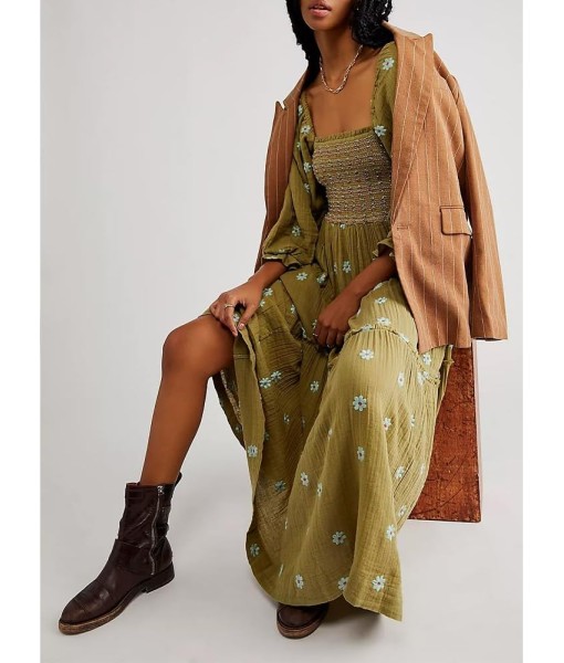 Women Floral Embroidered Maxi Dress Long Puff Sleeve Square Neck Bohemian Flowy Dress with Pockets Summer Fall