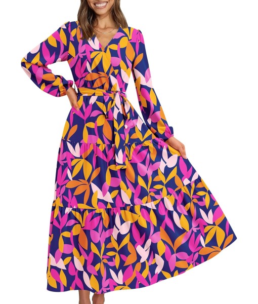 PRETTYGARDEN Womens Spring Long Sleeve Wrap V Neck Ruffle Floral Maxi Dress Casual Tie Waist Boho Chiffon Flowy Long Dresses