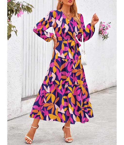 PRETTYGARDEN Womens Spring Long Sleeve Wrap V Neck Ruffle Floral Maxi Dress Casual Tie Waist Boho Chiffon Flowy Long Dresses
