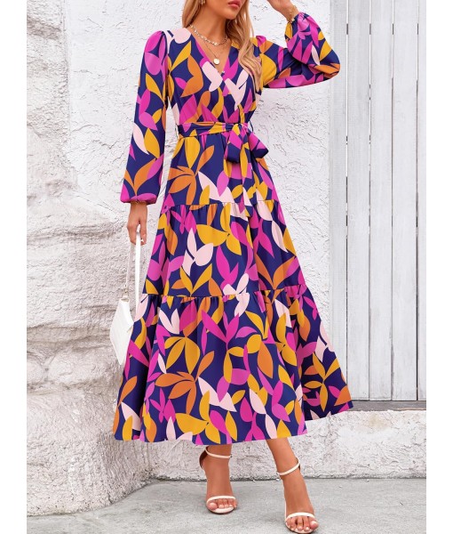 PRETTYGARDEN Womens Spring Long Sleeve Wrap V Neck Ruffle Floral Maxi Dress Casual Tie Waist Boho Chiffon Flowy Long Dresses