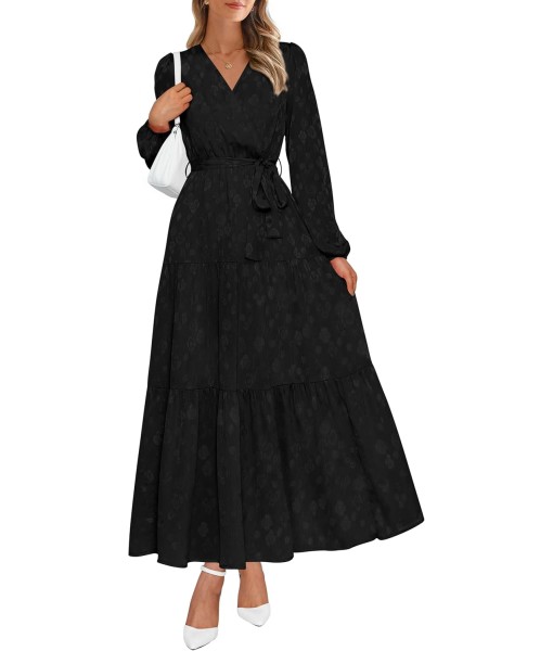 PRETTYGARDEN Womens Spring Long Sleeve Wrap V Neck Ruffle Floral Maxi Dress Casual Tie Waist Boho Chiffon Flowy Long Dresses