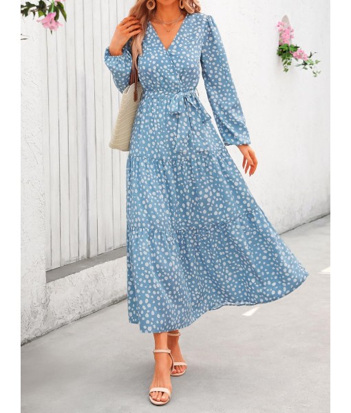 PRETTYGARDEN Womens Spring Long Sleeve Wrap V Neck Ruffle Floral Maxi Dress Casual Tie Waist Boho Chiffon Flowy Long Dresses