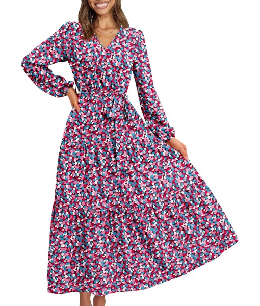 PRETTYGARDEN Womens Spring Long Sleeve Wrap V Neck Ruffle Floral Maxi Dress Casual Tie Waist Boho Chiffon Flowy Long Dresses
