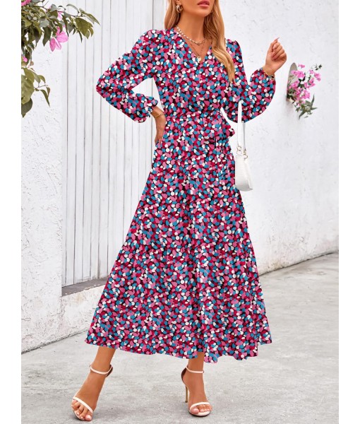 PRETTYGARDEN Womens Spring Long Sleeve Wrap V Neck Ruffle Floral Maxi Dress Casual Tie Waist Boho Chiffon Flowy Long Dresses