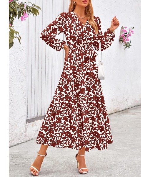 PRETTYGARDEN Womens Spring Long Sleeve Wrap V Neck Ruffle Floral Maxi Dress Casual Tie Waist Boho Chiffon Flowy Long Dresses