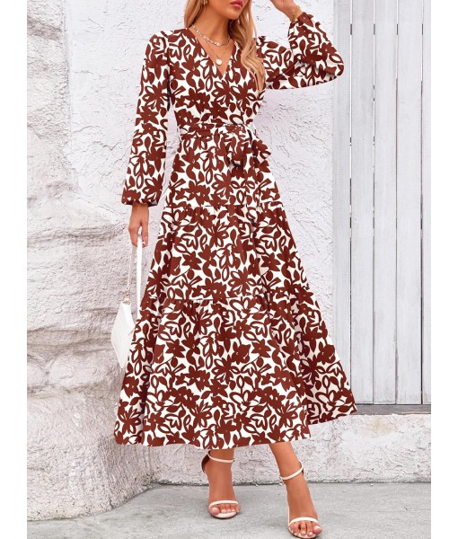 PRETTYGARDEN Womens Spring Long Sleeve Wrap V Neck Ruffle Floral Maxi Dress Casual Tie Waist Boho Chiffon Flowy Long Dresses