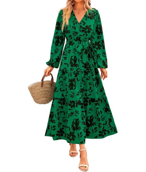 PRETTYGARDEN Womens Spring Long Sleeve Wrap V Neck Ruffle Floral Maxi Dress Casual Tie Waist Boho Chiffon Flowy Long Dresses