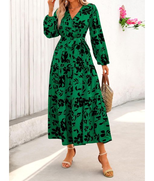 PRETTYGARDEN Womens Spring Long Sleeve Wrap V Neck Ruffle Floral Maxi Dress Casual Tie Waist Boho Chiffon Flowy Long Dresses