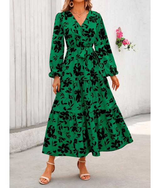 PRETTYGARDEN Womens Spring Long Sleeve Wrap V Neck Ruffle Floral Maxi Dress Casual Tie Waist Boho Chiffon Flowy Long Dresses