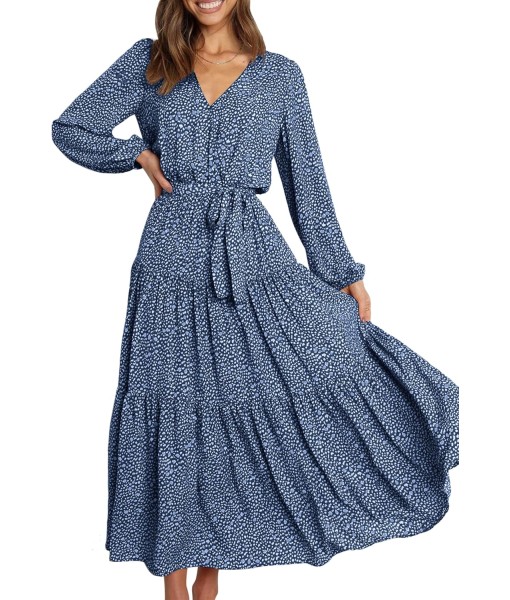 PRETTYGARDEN Womens Spring Long Sleeve Wrap V Neck Ruffle Floral Maxi Dress Casual Tie Waist Boho Chiffon Flowy Long Dresses