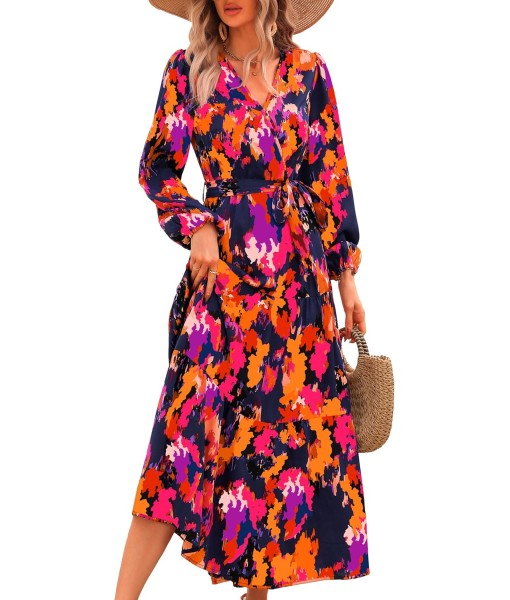 PRETTYGARDEN Womens Spring Long Sleeve Wrap V Neck Ruffle Floral Maxi Dress Casual Tie Waist Boho Chiffon Flowy Long Dresses