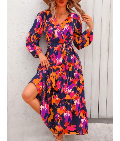 PRETTYGARDEN Womens Spring Long Sleeve Wrap V Neck Ruffle Floral Maxi Dress Casual Tie Waist Boho Chiffon Flowy Long Dresses