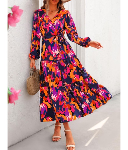 PRETTYGARDEN Womens Spring Long Sleeve Wrap V Neck Ruffle Floral Maxi Dress Casual Tie Waist Boho Chiffon Flowy Long Dresses