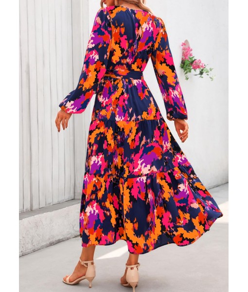 PRETTYGARDEN Womens Spring Long Sleeve Wrap V Neck Ruffle Floral Maxi Dress Casual Tie Waist Boho Chiffon Flowy Long Dresses