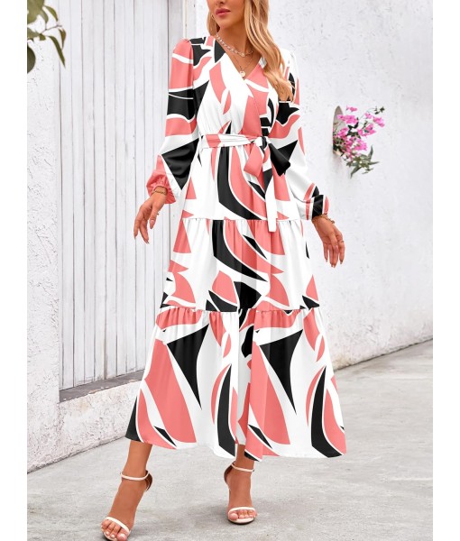 PRETTYGARDEN Womens Spring Long Sleeve Wrap V Neck Ruffle Floral Maxi Dress Casual Tie Waist Boho Chiffon Flowy Long Dresses