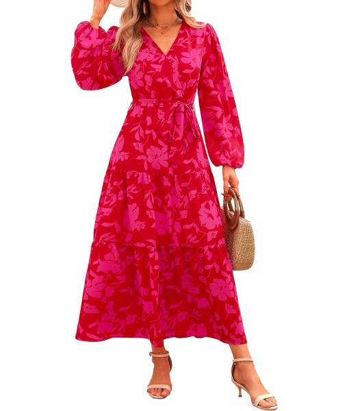 PRETTYGARDEN Womens Spring Long Sleeve Wrap V Neck Ruffle Floral Maxi Dress Casual Tie Waist Boho Chiffon Flowy Long Dresses