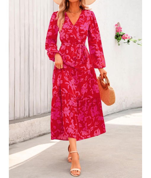 PRETTYGARDEN Womens Spring Long Sleeve Wrap V Neck Ruffle Floral Maxi Dress Casual Tie Waist Boho Chiffon Flowy Long Dresses