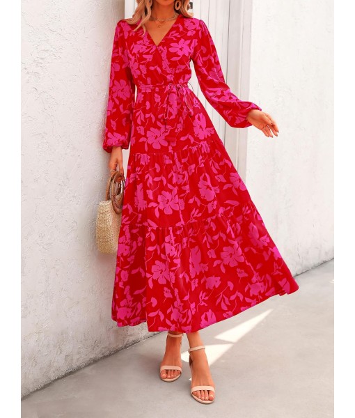 PRETTYGARDEN Womens Spring Long Sleeve Wrap V Neck Ruffle Floral Maxi Dress Casual Tie Waist Boho Chiffon Flowy Long Dresses