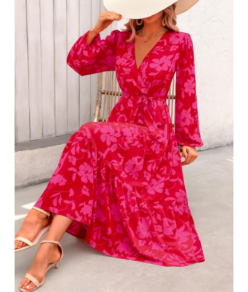 PRETTYGARDEN Womens Spring Long Sleeve Wrap V Neck Ruffle Floral Maxi Dress Casual Tie Waist Boho Chiffon Flowy Long Dresses