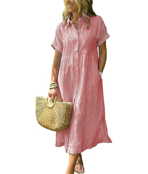 ebossy Women's Boho Striped Shirt Dress Button Up Side Slit Loose Mid Long Cotton Dress with Pockets