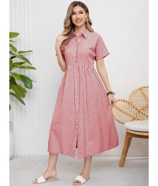 ebossy Women's Boho Striped Shirt Dress Button Up Side Slit Loose Mid Long Cotton Dress with Pockets