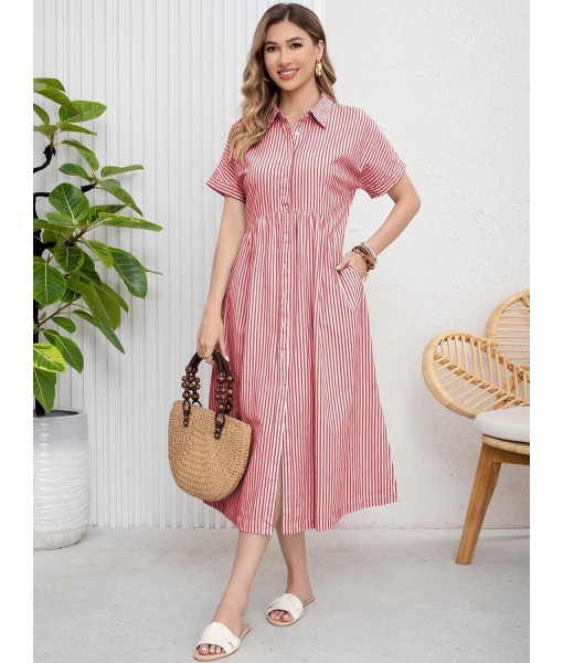 ebossy Women's Boho Striped Shirt Dress Button Up Side Slit Loose Mid Long Cotton Dress with Pockets