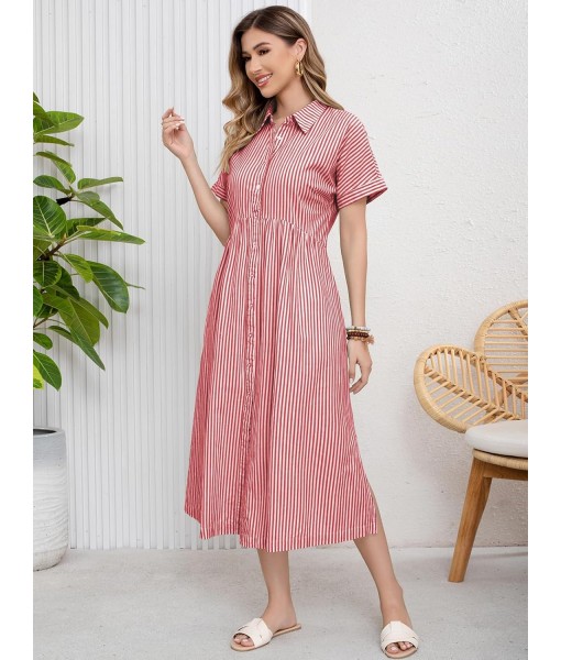 ebossy Women's Boho Striped Shirt Dress Button Up Side Slit Loose Mid Long Cotton Dress with Pockets
