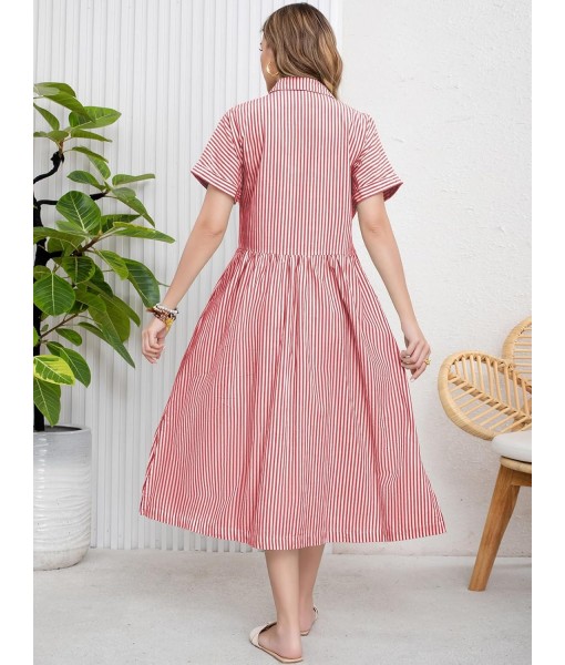 ebossy Women's Boho Striped Shirt Dress Button Up Side Slit Loose Mid Long Cotton Dress with Pockets
