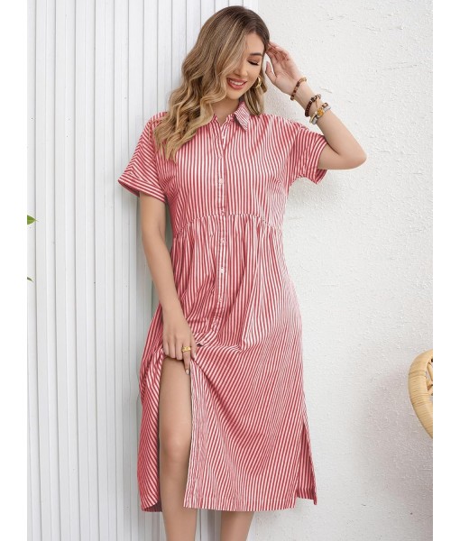 ebossy Women's Boho Striped Shirt Dress Button Up Side Slit Loose Mid Long Cotton Dress with Pockets