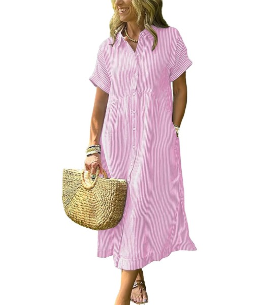 ebossy Women's Boho Striped Shirt Dress Button Up Side Slit Loose Mid Long Cotton Dress with Pockets
