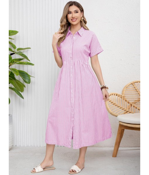 ebossy Women's Boho Striped Shirt Dress Button Up Side Slit Loose Mid Long Cotton Dress with Pockets