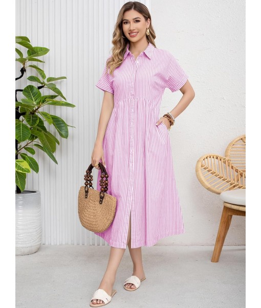 ebossy Women's Boho Striped Shirt Dress Button Up Side Slit Loose Mid Long Cotton Dress with Pockets