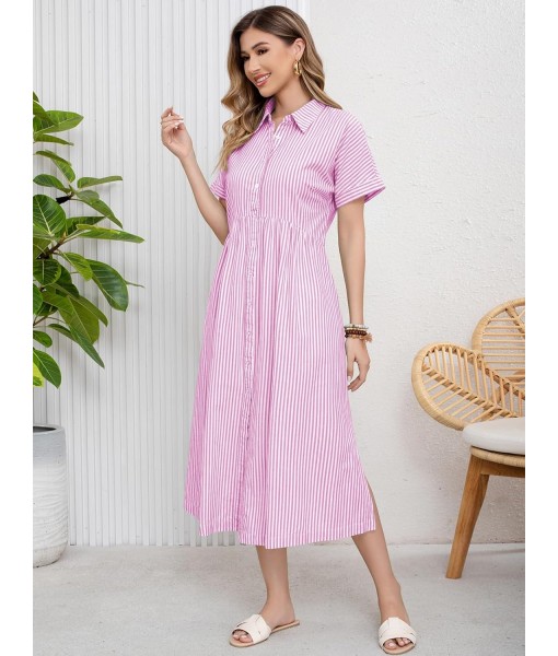 ebossy Women's Boho Striped Shirt Dress Button Up Side Slit Loose Mid Long Cotton Dress with Pockets