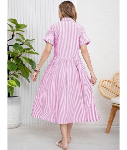 ebossy Women's Boho Striped Shirt Dress Button Up Side Slit Loose Mid Long Cotton Dress with Pockets