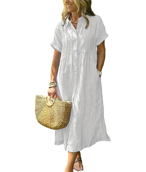 ebossy Women's Boho Striped Shirt Dress Button Up Side Slit Loose Mid Long Cotton Dress with Pockets