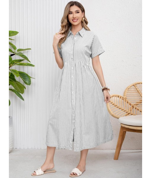 ebossy Women's Boho Striped Shirt Dress Button Up Side Slit Loose Mid Long Cotton Dress with Pockets