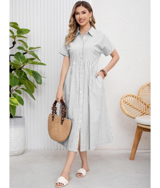 ebossy Women's Boho Striped Shirt Dress Button Up Side Slit Loose Mid Long Cotton Dress with Pockets