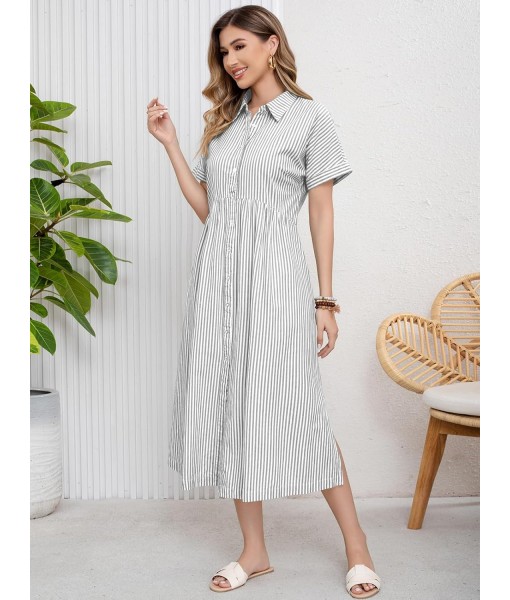 ebossy Women's Boho Striped Shirt Dress Button Up Side Slit Loose Mid Long Cotton Dress with Pockets