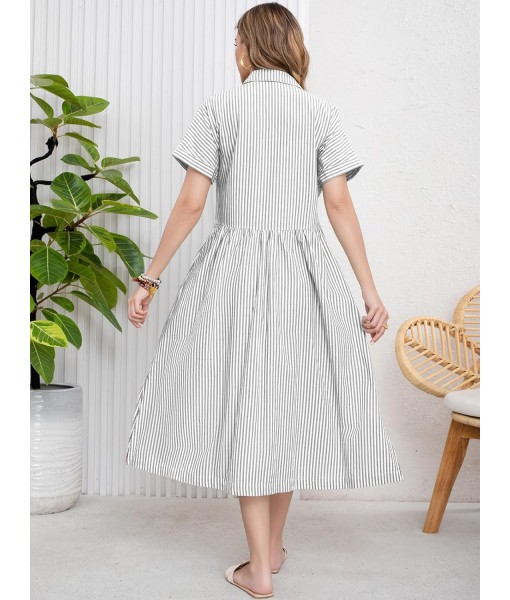 ebossy Women's Boho Striped Shirt Dress Button Up Side Slit Loose Mid Long Cotton Dress with Pockets